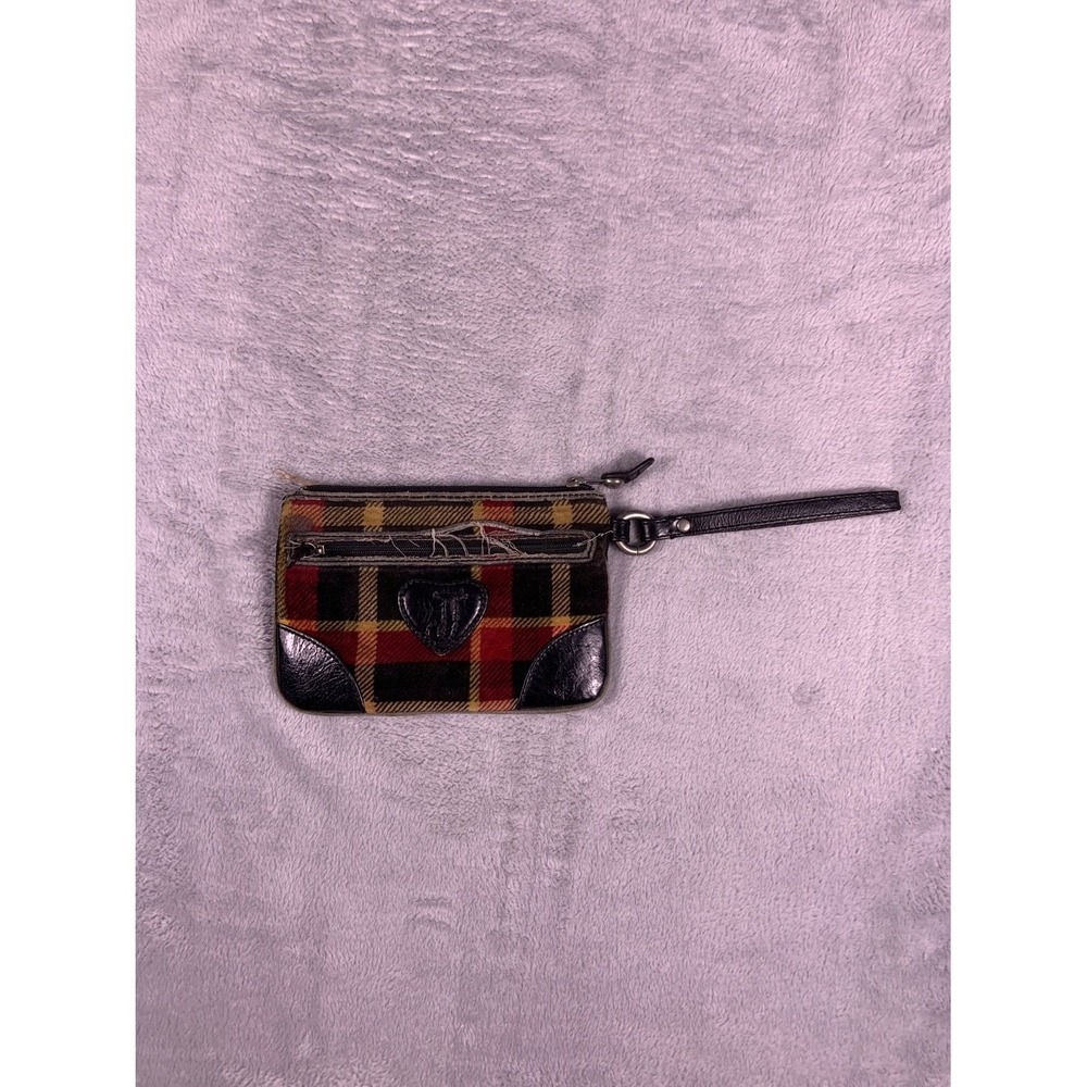 Vtg Y2K Juicy Couture Terry Plaid Red Black Wristlet Small Black Leather iconic